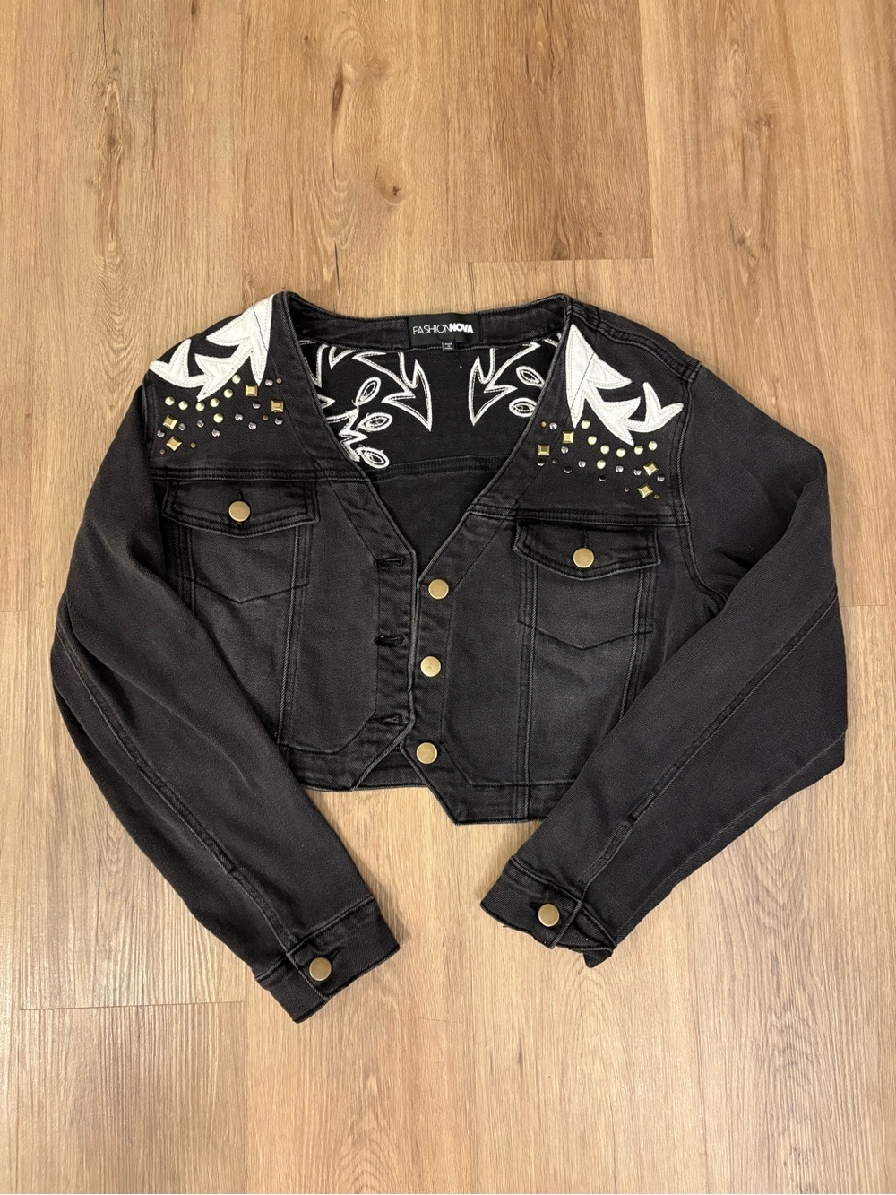 Fashion Nova Black Embroidered Cropped Denim Jacket with Stud Detail